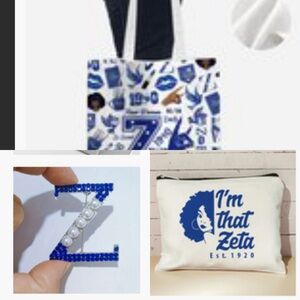 Zeta Blue and White 3 piece Accessories set Tote and cosmetic bag with brooch💙🤍